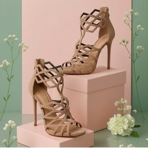 Giuseppe Zanotti Laser Cut Caged Suede Heels Tan Size 37